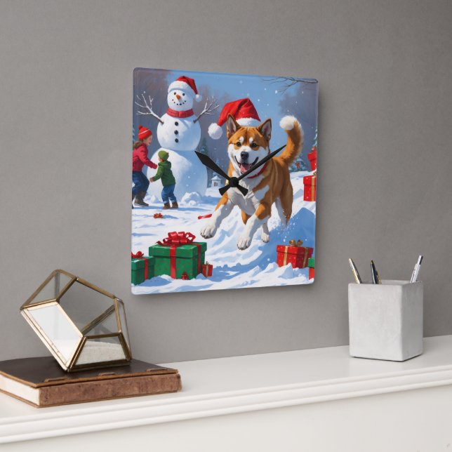 American Akita Weihnachtsfest Schneeszene Quadratische Wanduhr (Büro)