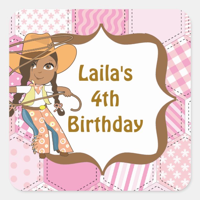 American American Cowgirl Birthday Party Labels Quadratischer Aufkleber (Vorderseite)
