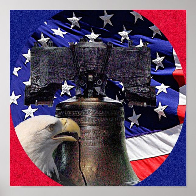 American Bald Eagle, Bell and Flag Poster (Vorne)