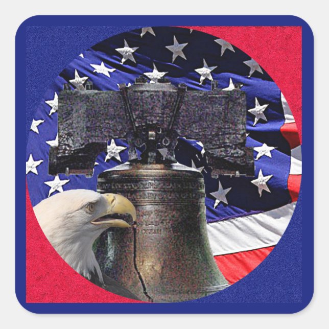 American Bald Eagle, Bell und Flag Quadratischer Aufkleber (Vorderseite)