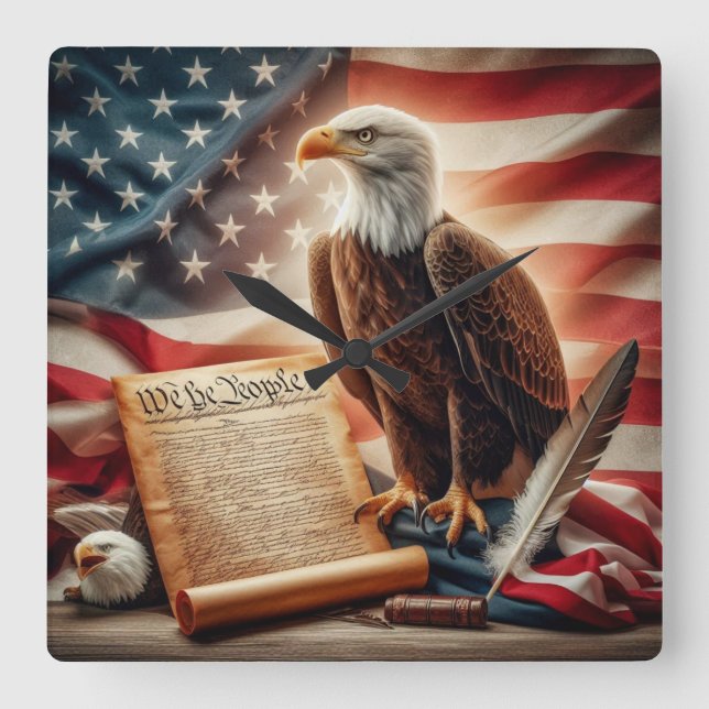 American Bald Eagle Patriotismus Quadratische Wanduhr (Vorderseite)
