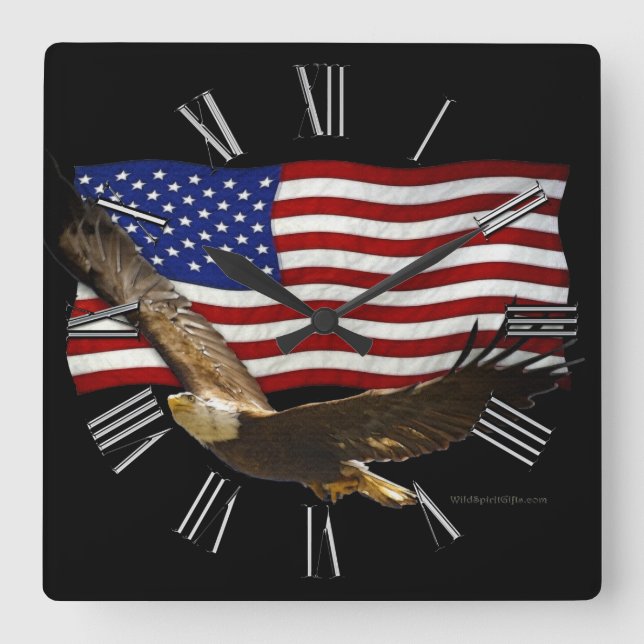 American Bald Eagle & US Flag Patriotic Art Clock Quadratische Wanduhr (Vorderseite)