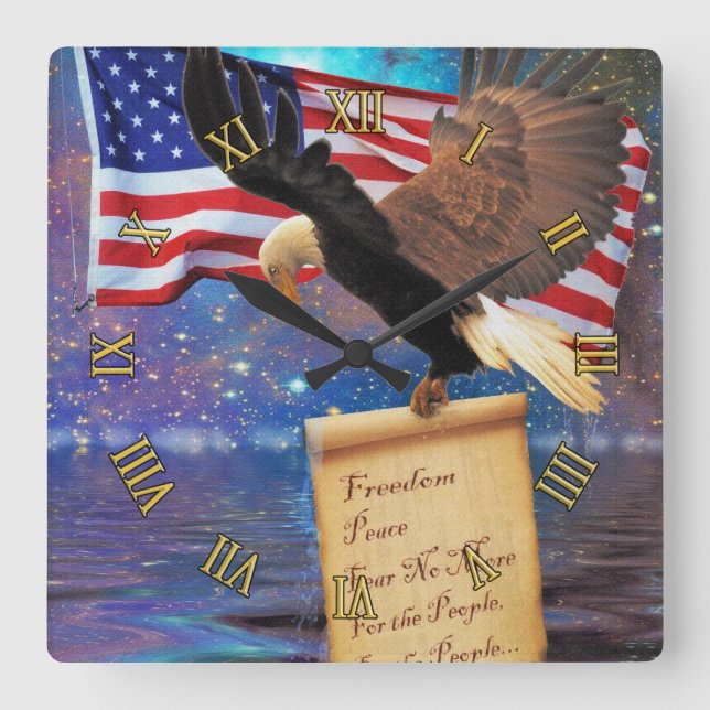 American Bald Eagle & US Flag Patriotismus Art Clo Quadratische Wanduhr (Vorderseite)