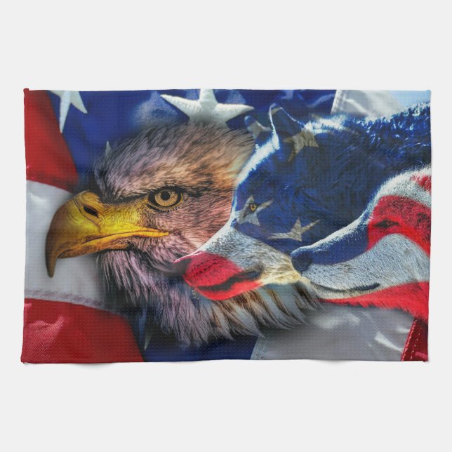 American Bald Eagle Wolf Flag Patriotic Geschirrtuch (Horizontal)