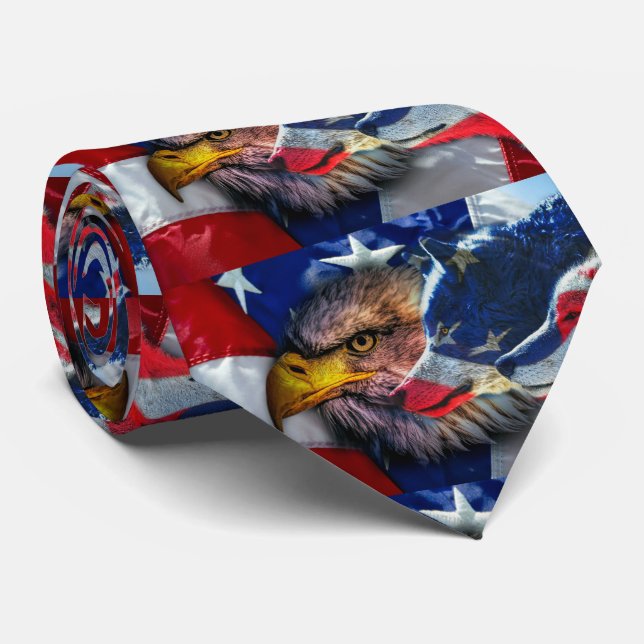 American Bald Eagle Wolf Flag Patriotic Krawatte (Gerollt)