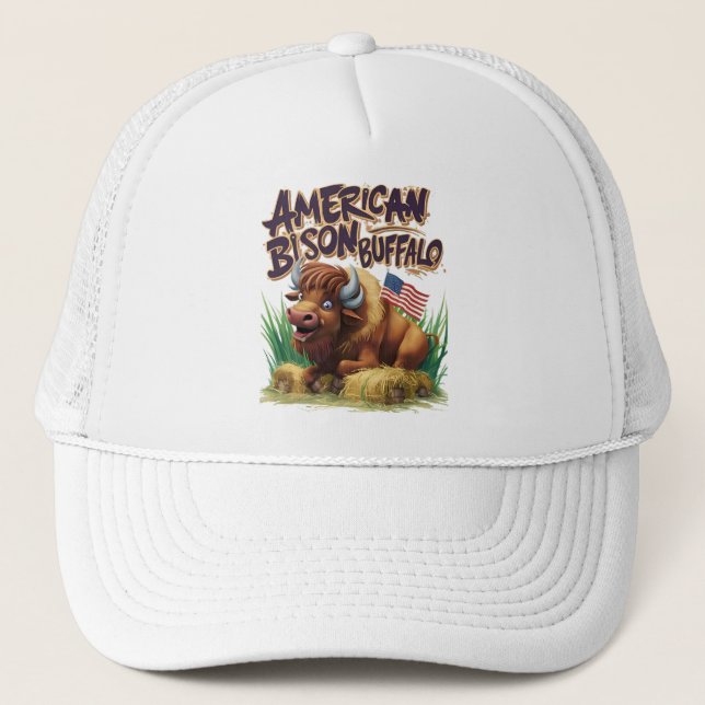 American Bison Buffalo mit amerikanischer Flagge Truckerkappe (Vorderseite)