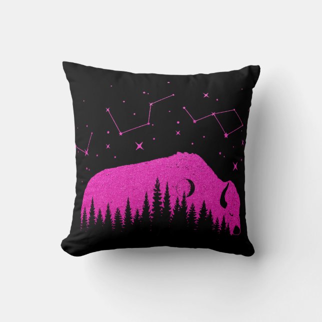 American Bison Fuchsia Pink Stars Galaxy Moon Kissen (Vorderseite)