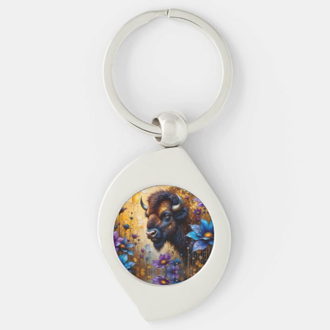American Bison in textured Flower portrait Schlüsselanhänger (Vorderseite)