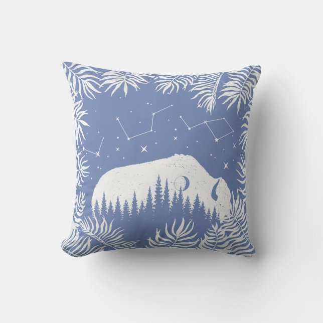 American Bison White Blue Stars Galaxy Fern Hunt Kissen (Vorderseite)
