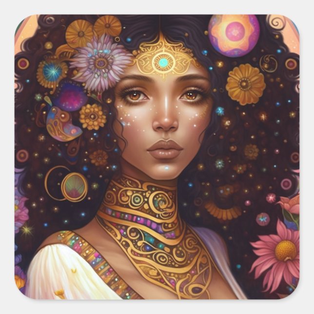 American Black Goddess Queen Fantasy Art Quadratischer Aufkleber (Vorderseite)