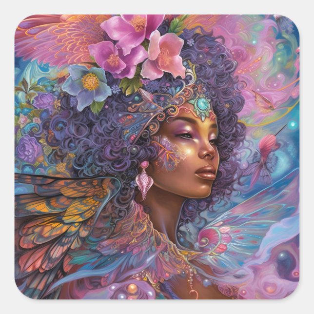 American Black Goddess Queen Fantasy Art S Quadratischer Aufkleber (Vorderseite)