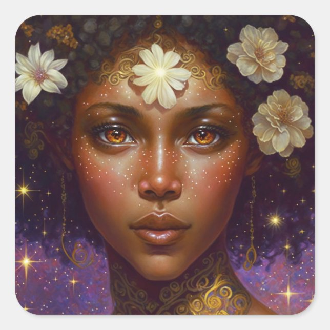 American Black Goddess Queen Fantasy Art S Quadratischer Aufkleber (Vorderseite)