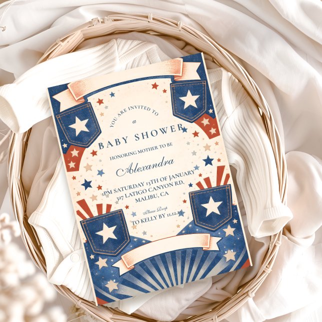 American Boy Vintage Denim Stars Baby Shower Einladung (Von Creator hochgeladen)