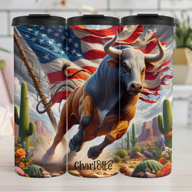 American Bull: Wüstenladung, Sterne, Streifen Thermosbecher (Von Creator hochgeladen)