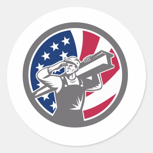 American Construction Worker USA Flag Icon Runder Aufkleber (Vorderseite)