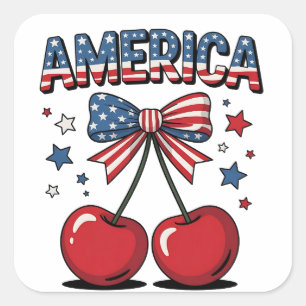 American Coquette Bow Cherry Aesthetic USA Flag Quadratischer Aufkleber