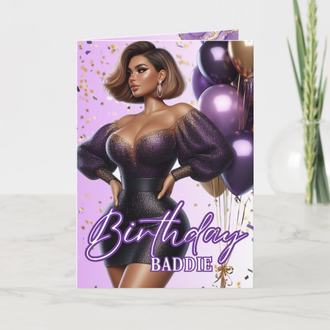 American Curvy Frauen Lila Glam Birthday Karte (Vorderseite)
