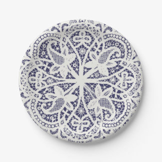 American Doily & Lace, 8, Cream on Blue Pappteller