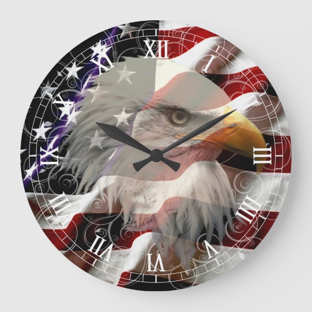 American Eagle Flag Roman Numeral Clock Große Wanduhr (Vorderseite)