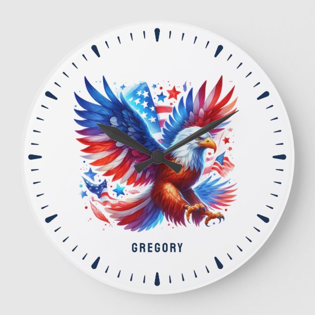 American Eagle Patriotic Design Red White Blue Große Wanduhr (Vorderseite)