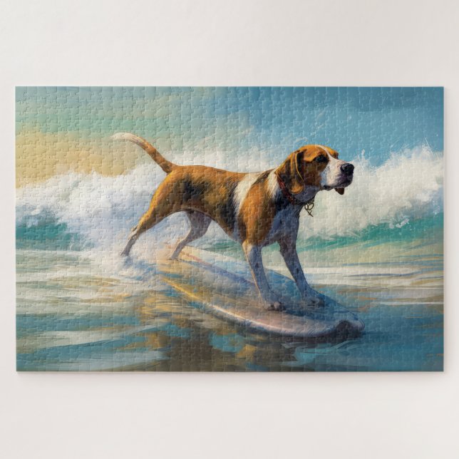 American English Foxhound Beach Surfing Painting (Horizontal)