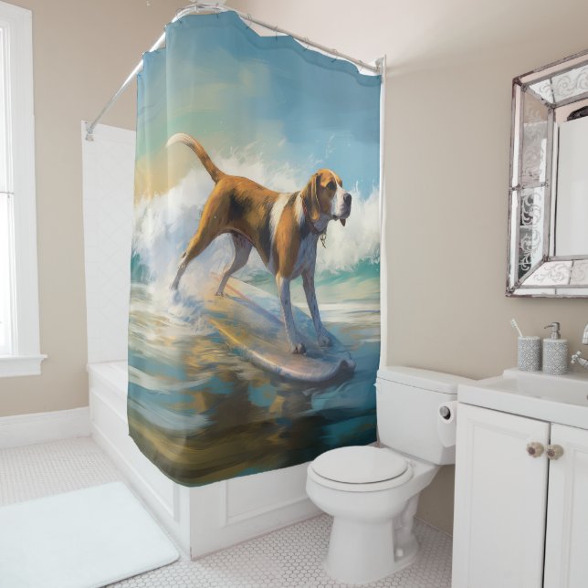 American English Foxhound Beach Surfing Painting Duschvorhang (Beispiel)