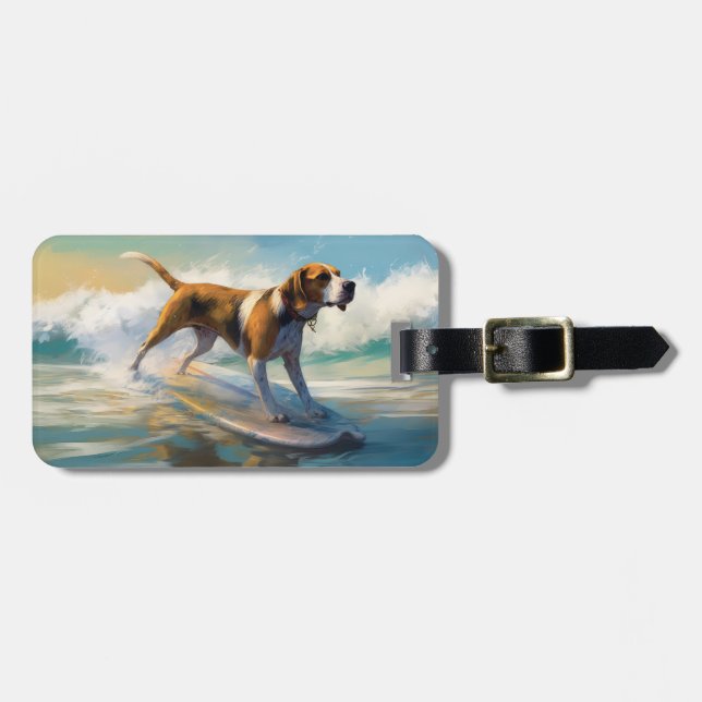 American English Foxhound Beach Surfing Painting Gepäckanhänger (Vorderseite horizontal)