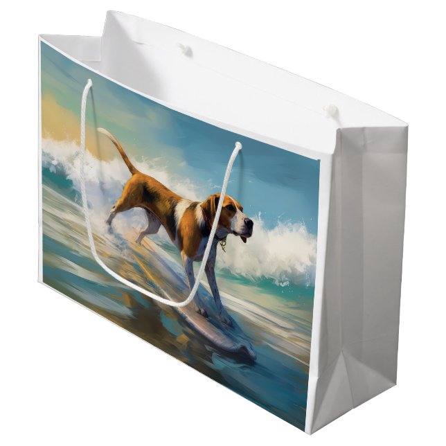 American English Foxhound Beach Surfing Painting Große Geschenktüte (Vorderseite Schrägansicht)