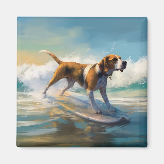 American English Foxhound Beach Surfing Painting Magnet (Vorne)