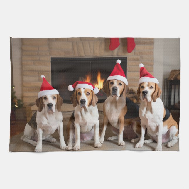 American English Foxhound Fireplace Weihnachten Geschirrtuch (Horizontal)