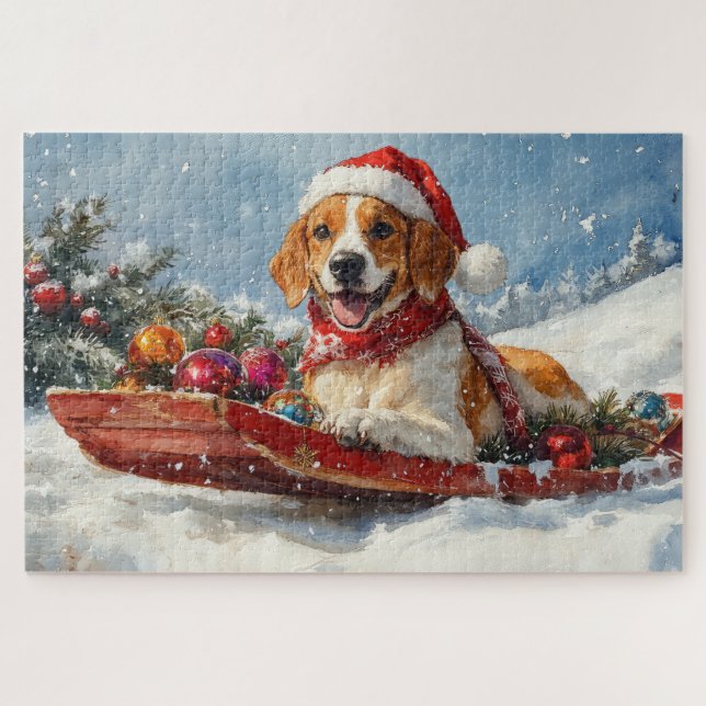 American English Foxhound in Sledge Christmas (Horizontal)