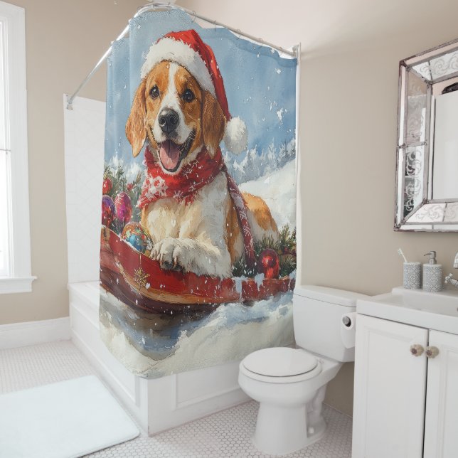 American English Foxhound in Sledge Christmas Duschvorhang (Beispiel)