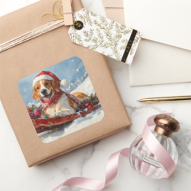 American English Foxhound in Sledge Christmas Quadratischer Aufkleber (Schenken)