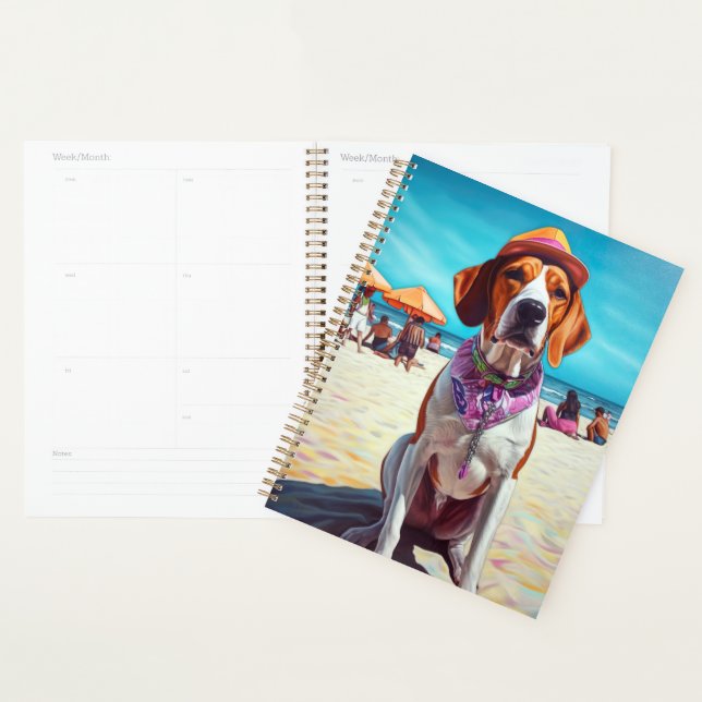 American English Foxhound on Beach, cadeau d'été (Devant avec enveloppe)