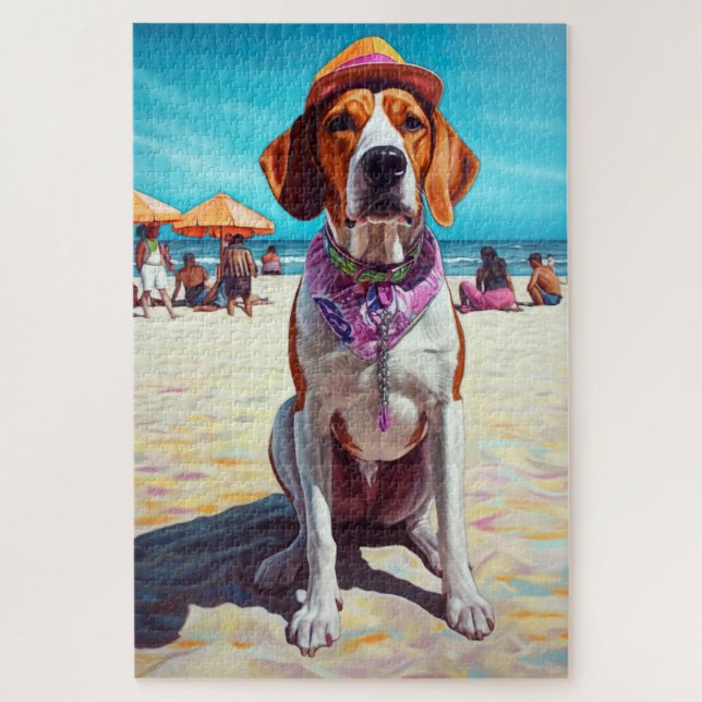 American English Foxhound on Beach, Sommergeschenk (Vertikal)