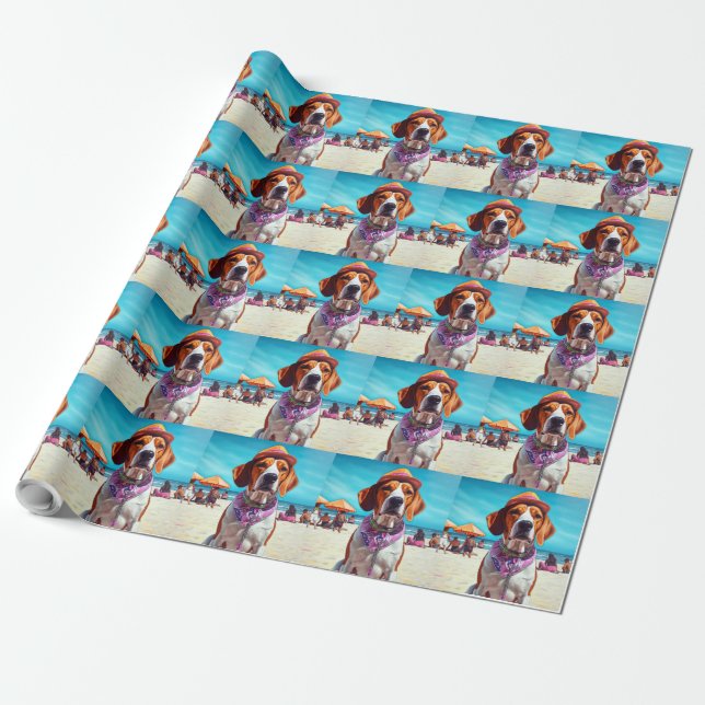 American English Foxhound on Beach, Sommergeschenk Geschenkpapier (Ungerollt)