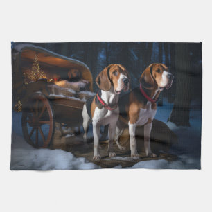 American English Foxhound Snowy Sleigh Weihnachten Geschirrtuch