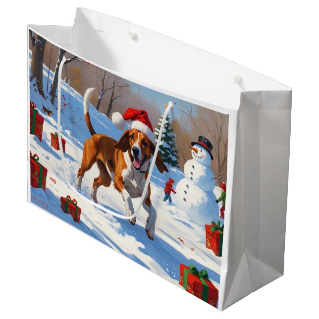 American English Foxhound Weihnachtsfest Schnee Große Geschenktüte (Vorderseite Schrägansicht)