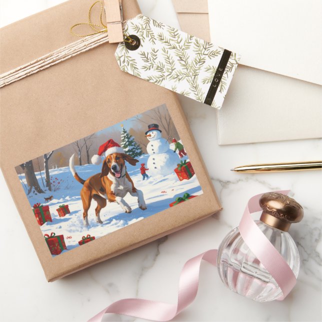 American English Foxhound Weihnachtsfest Schnee Rechteckiger Aufkleber (Schenken)