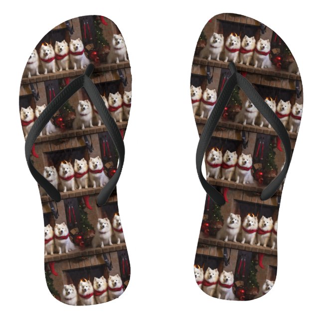 American Eskimo am Feuerplatz Weihnachten Flip Flops (Fußbett)