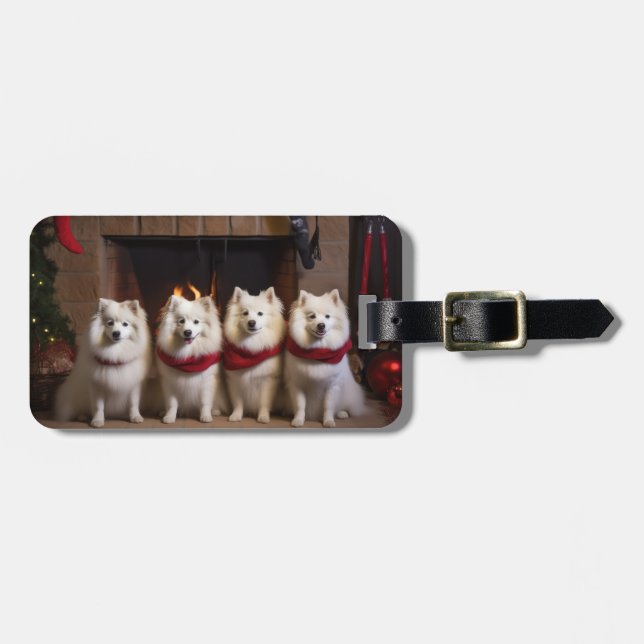 American Eskimo am Feuerplatz Weihnachten Gepäckanhänger (Vorderseite horizontal)
