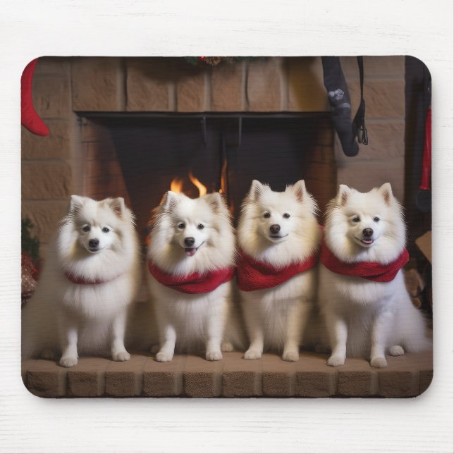 American Eskimo am Feuerplatz Weihnachten Mousepad (Vorne)