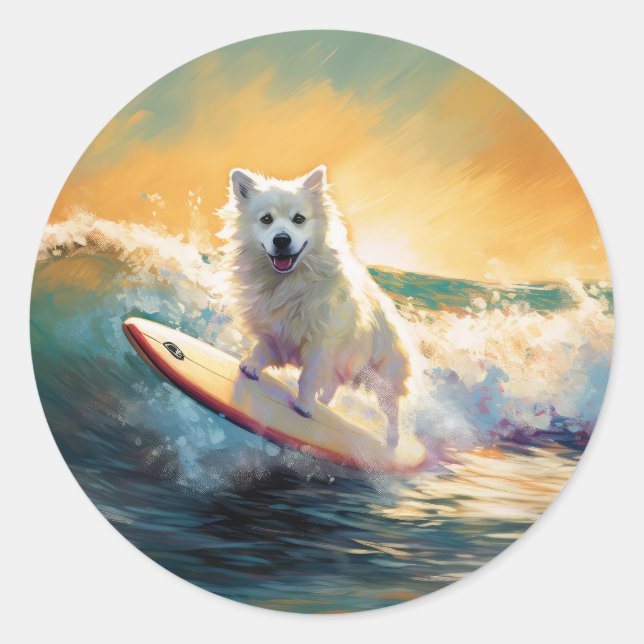 American Eskimo Beach Surfmalerei Runder Aufkleber (Vorderseite)