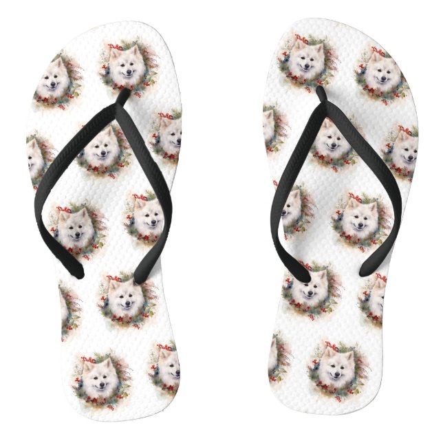 American Eskimo Christmas Wreath Festivals Flip Flops (Fußbett)