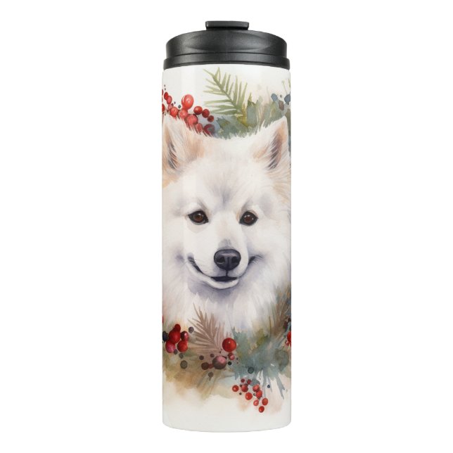 American Eskimo Christmas Wreath Festivals Thermosbecher (Vorderseite)