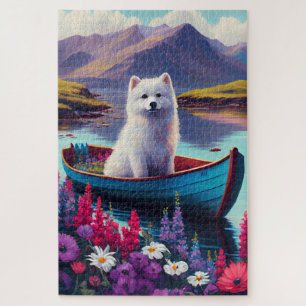 American Eskimo Dog auf dem Paddel: Ein landschaft