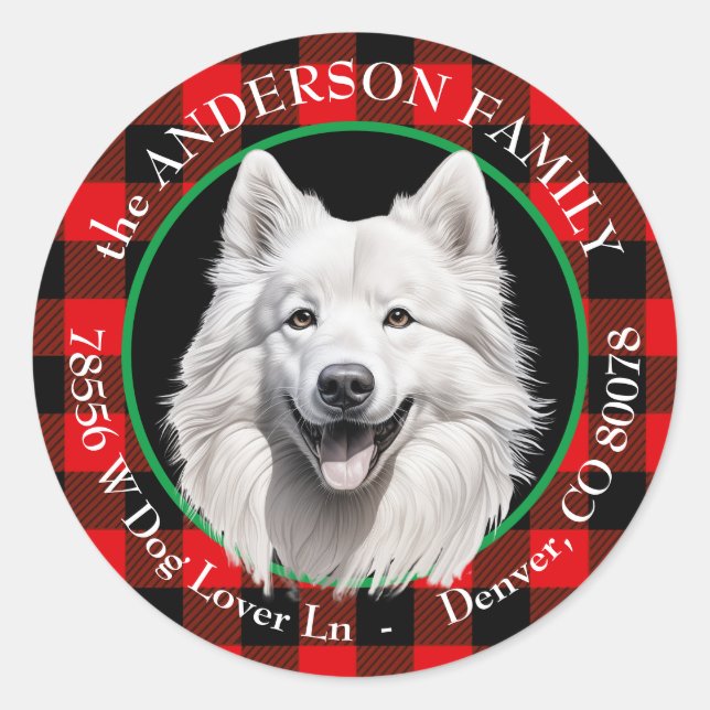 American Eskimo Dog Buffalo Karierte Rücksendeadre Runder Aufkleber (Vorderseite)