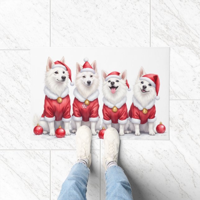 American Eskimo Dog Christmas Dress Santa Hat Fußmatte (Indoor)