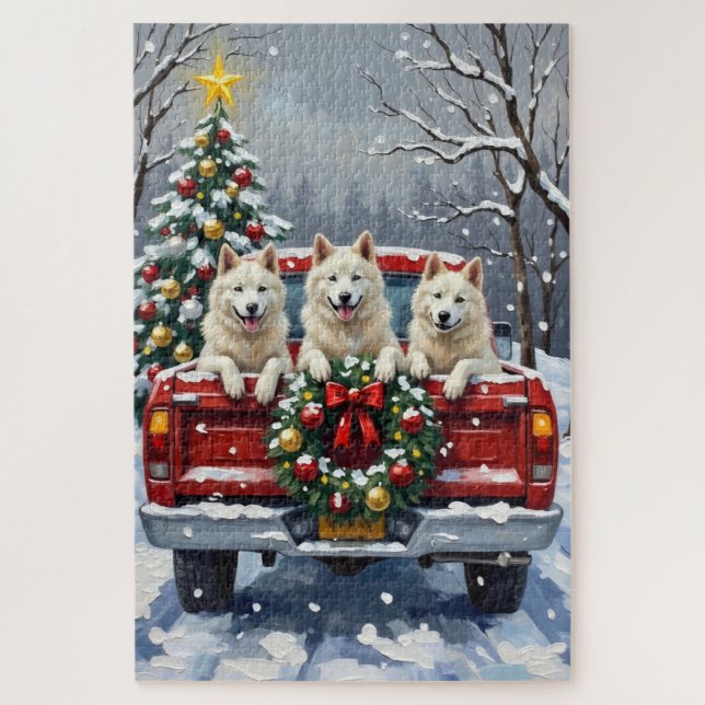 American Eskimo Dog Christmas Red Truck Holiday (Vertikal)