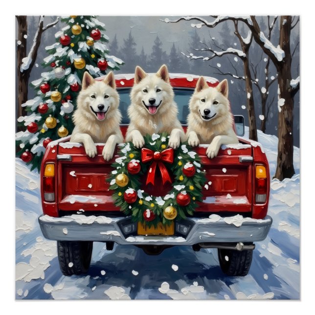 American Eskimo Dog Christmas Red Truck Holiday Poster (Vorderseite)